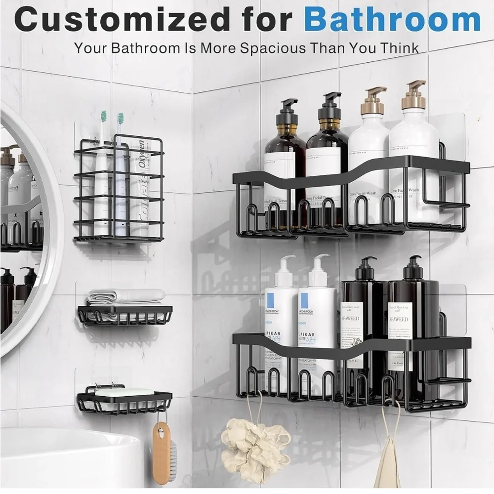 5 Piece Black Metal Wall-Mounted Bathroom/ Kitchen Shelf